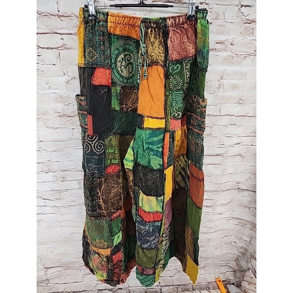 Kathmandu Imports Patchwork Harem Boho Hippie Pants M/L Pockets Wide Leg Cotton